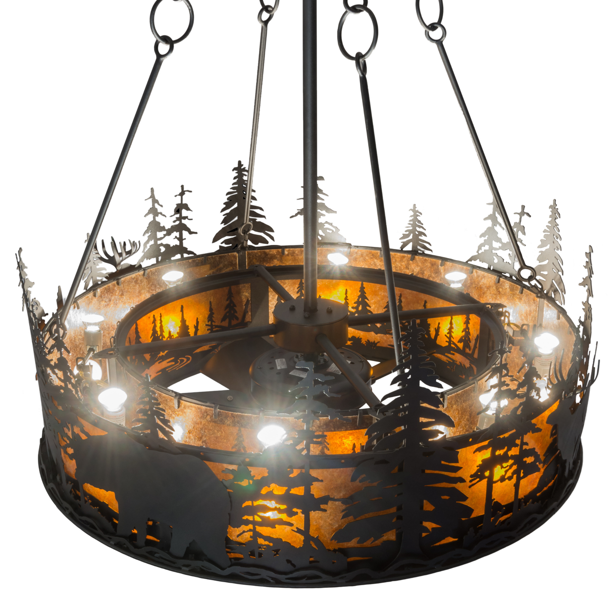 Top angled lit view highlighting tree cutouts and amber mica panels.