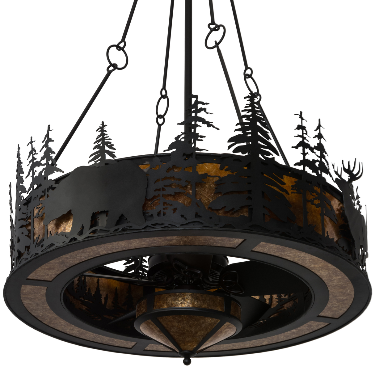 Unlit front view showing black metal pine and wildlife silhouettes.