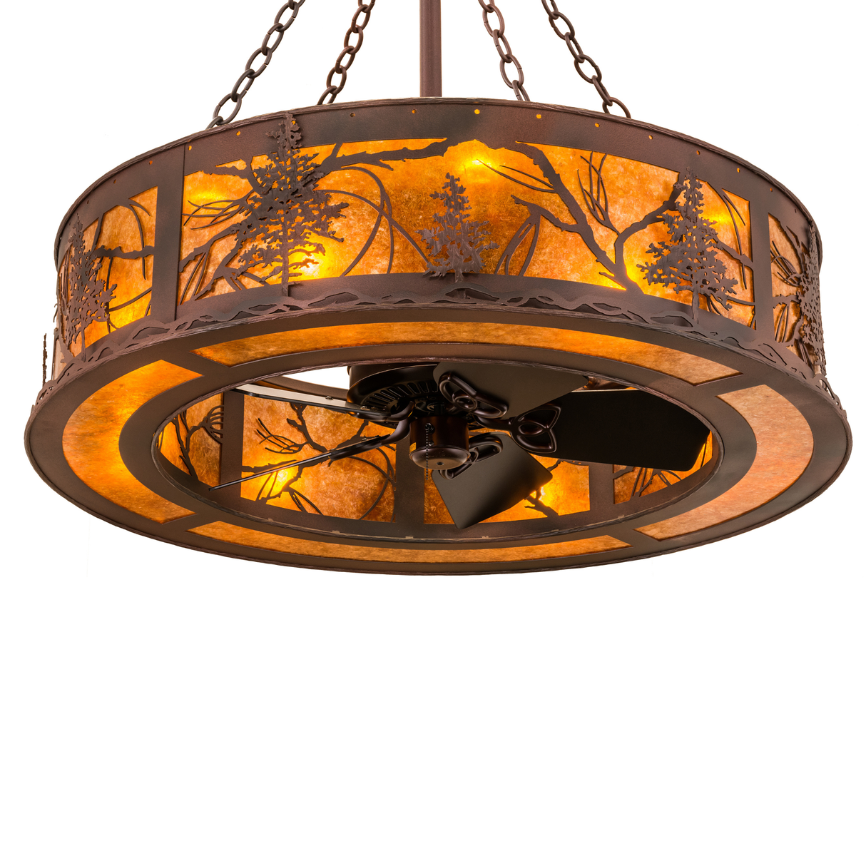 Angled bottom view showing fan blades and glowing amber diffuser.