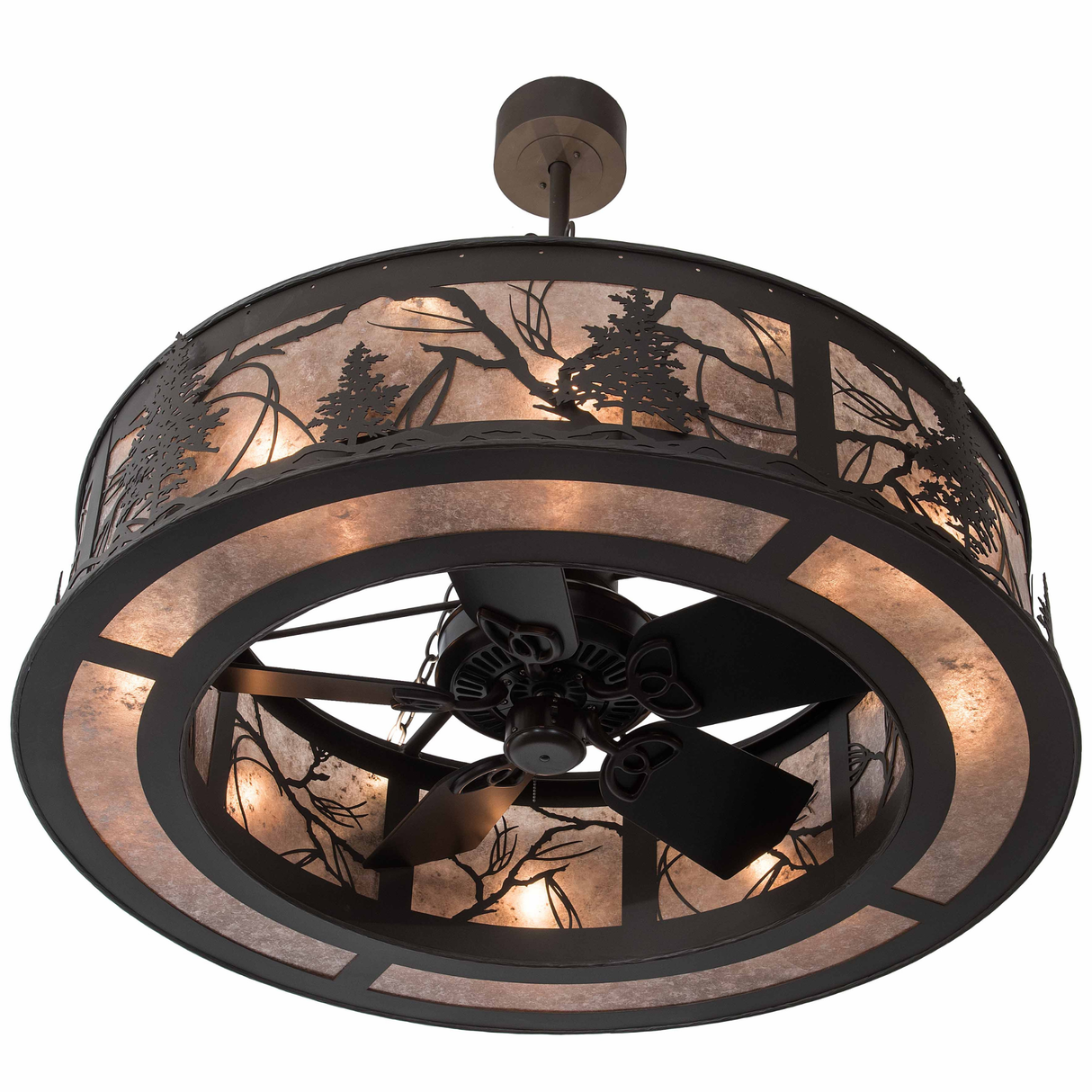 Bottom angled lit view displaying fan blades framed by glowing mica diffuser.