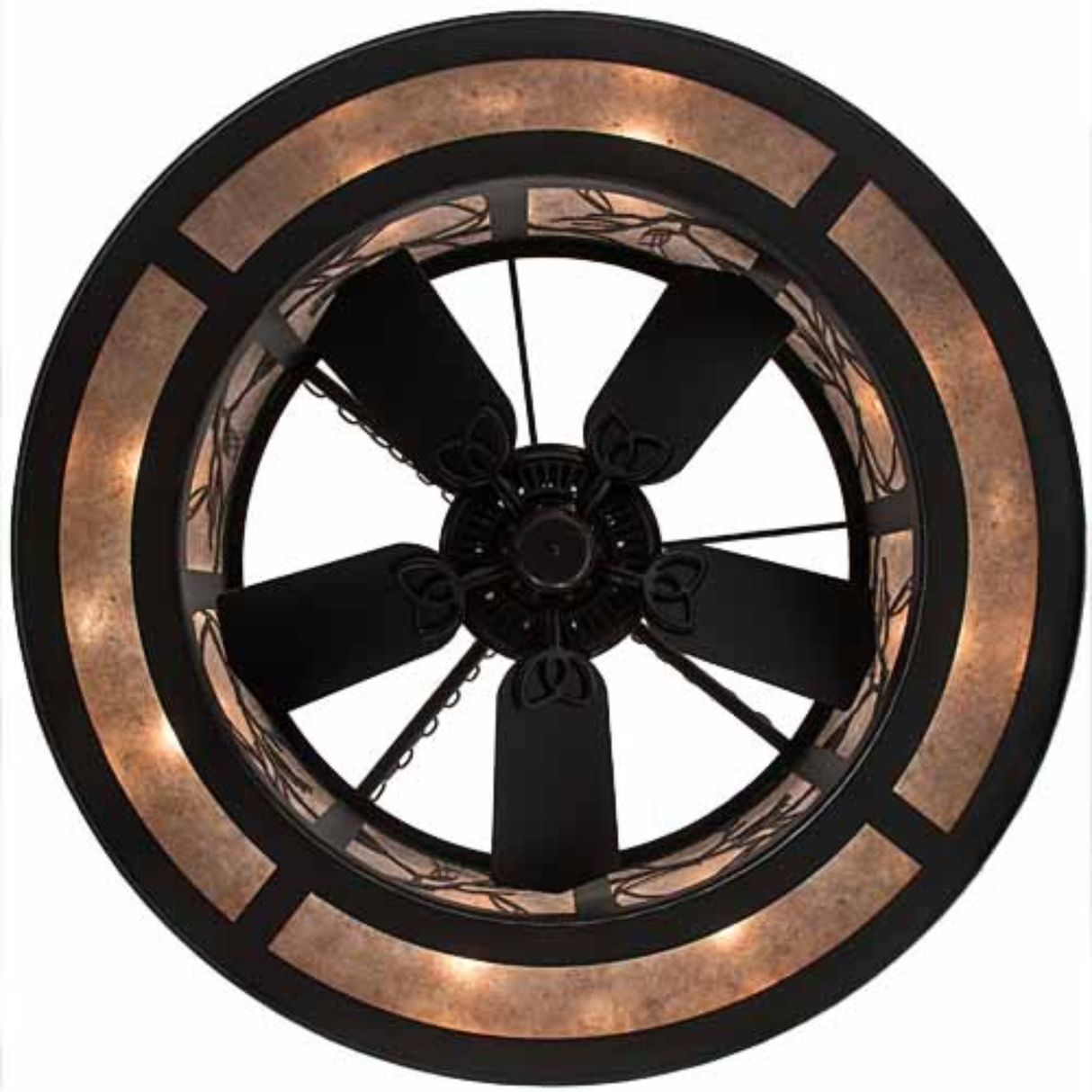 Bottom lit view of fan and circular mica diffuser surrounded by uplighting.