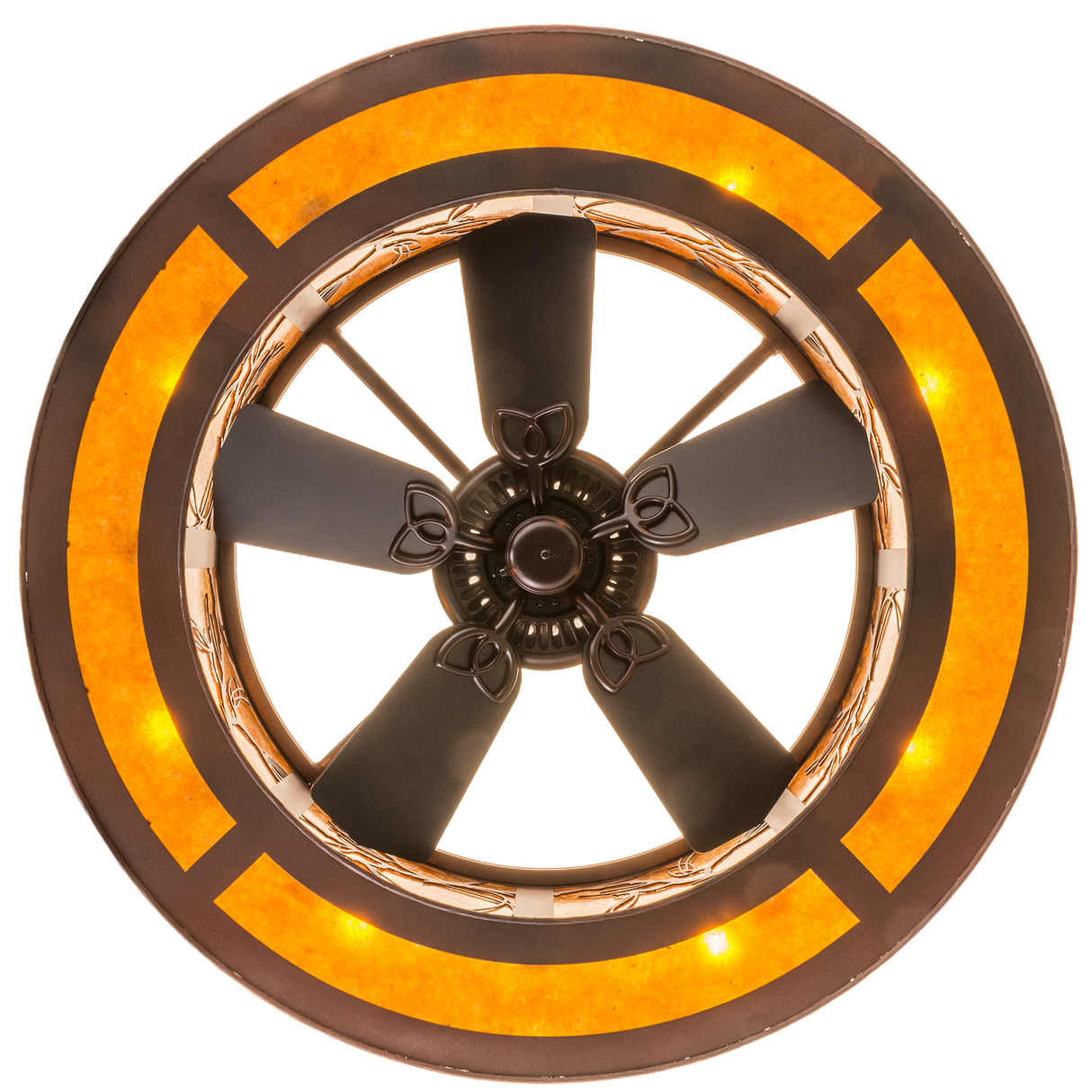 Bottom view revealing fan blades within circular amber-lit frame.