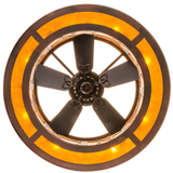 Bottom view revealing fan blades within circular amber-lit frame.