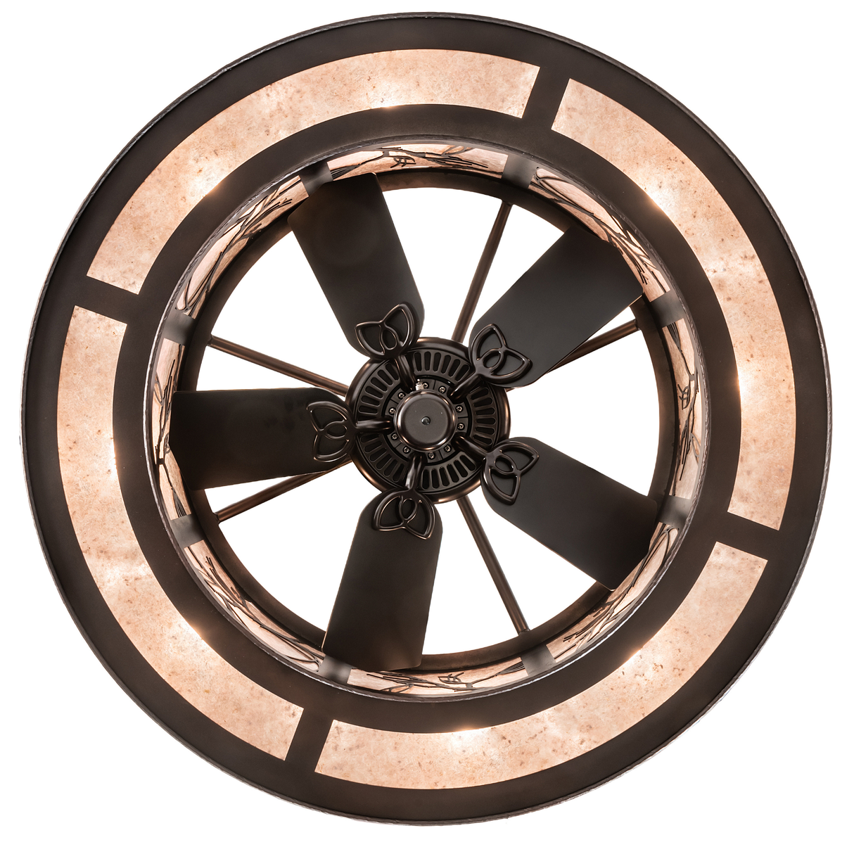 Bottom lit view showing fan integration within circular lighting frame.