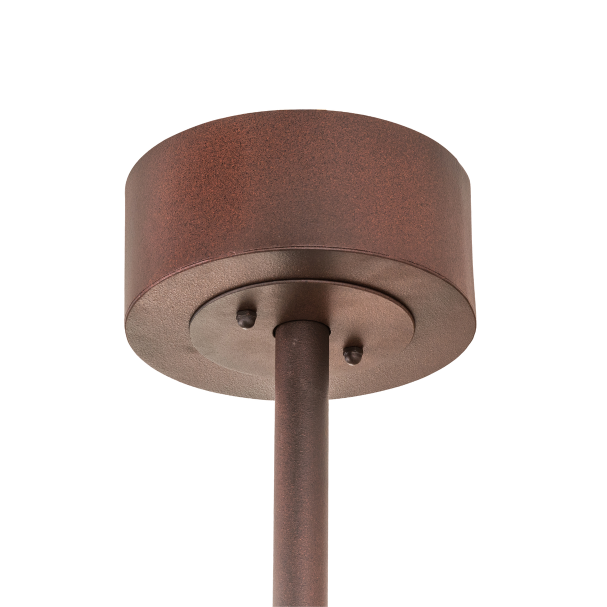Closeup of ceiling canopy and downrod in rust-colored finish.