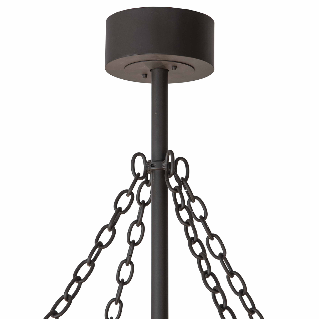 Close-up of canopy and hanging chain supports in dark bronze finish.