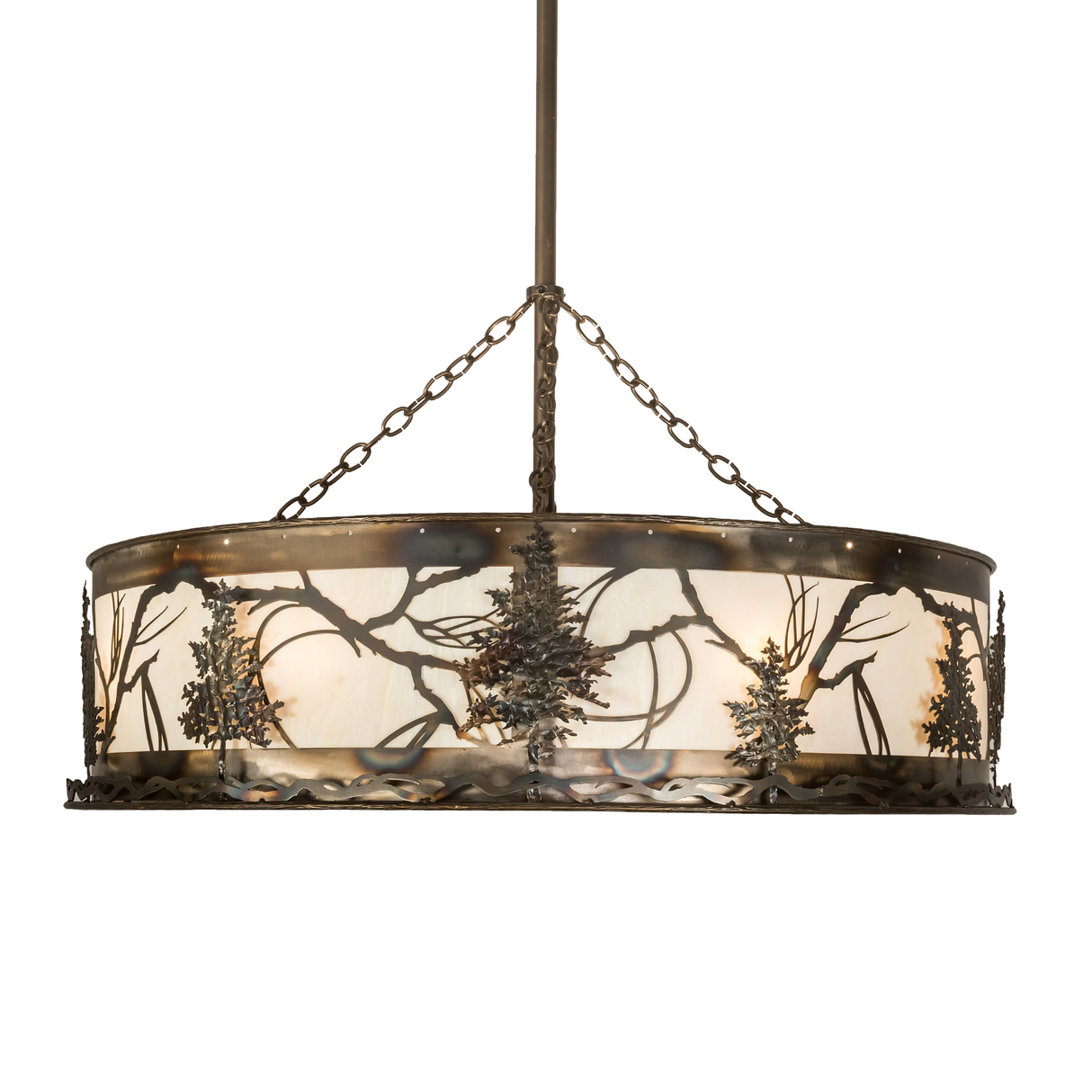 Side view of lit Tamarack Chandel-Air highlighting metal tree pattern.