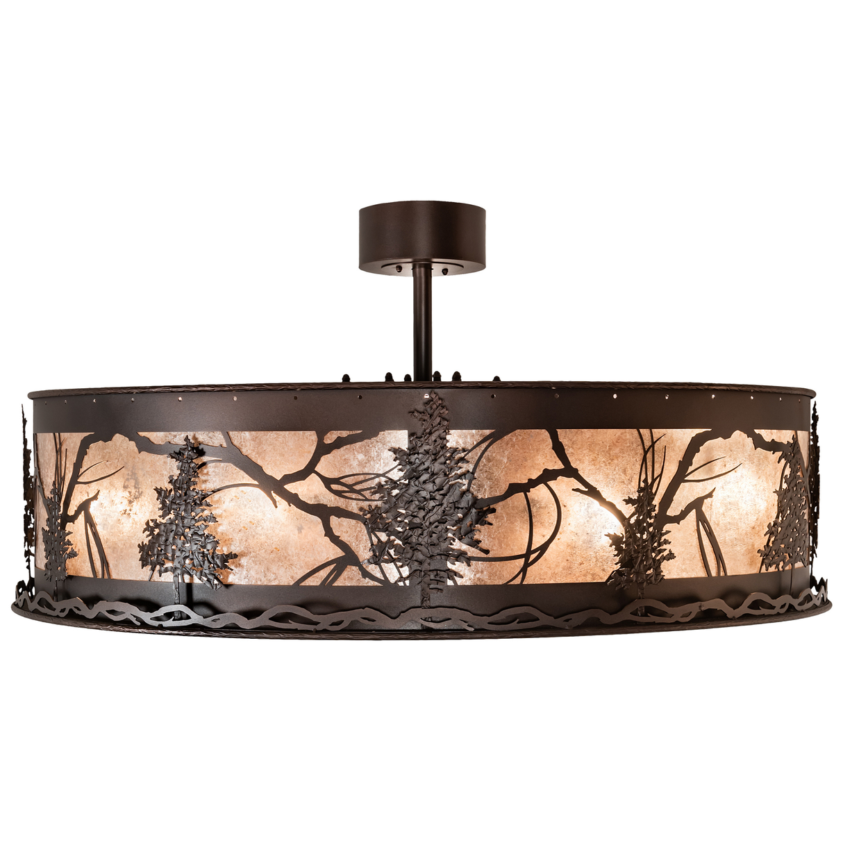 Side lit view emphasizing handcrafted tree motifs and warm light diffusion.