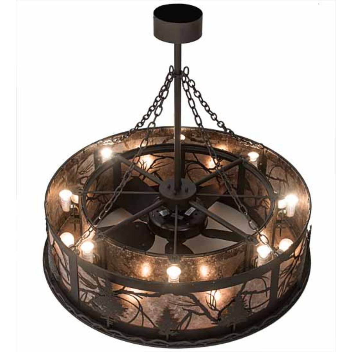 Overhead lit view showing eight inner lamps and fan center arrangement.