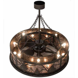 Overhead lit view showing eight inner lamps and fan center arrangement.