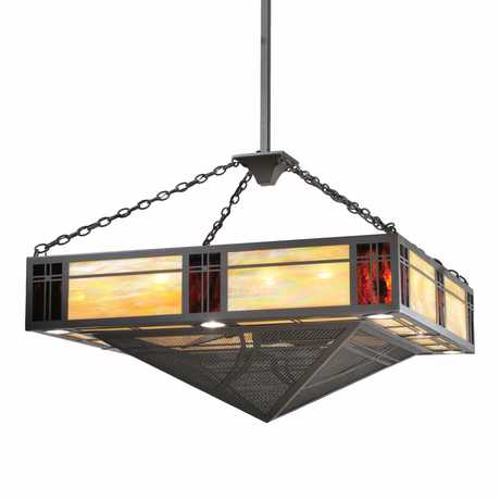 Angled view showing beige and rootbeer stained glass panels.