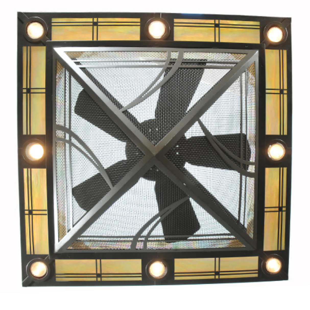 Bottom view revealing fan blades and light configuration.