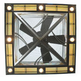 Bottom view revealing fan blades and light configuration.