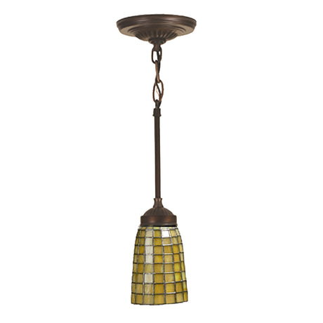5" wide Terra Verde mini pendant with mosaic glass shade and bronze finish.