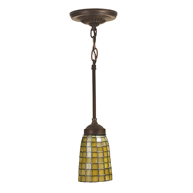5" wide Terra Verde mini pendant with mosaic glass shade and bronze finish.