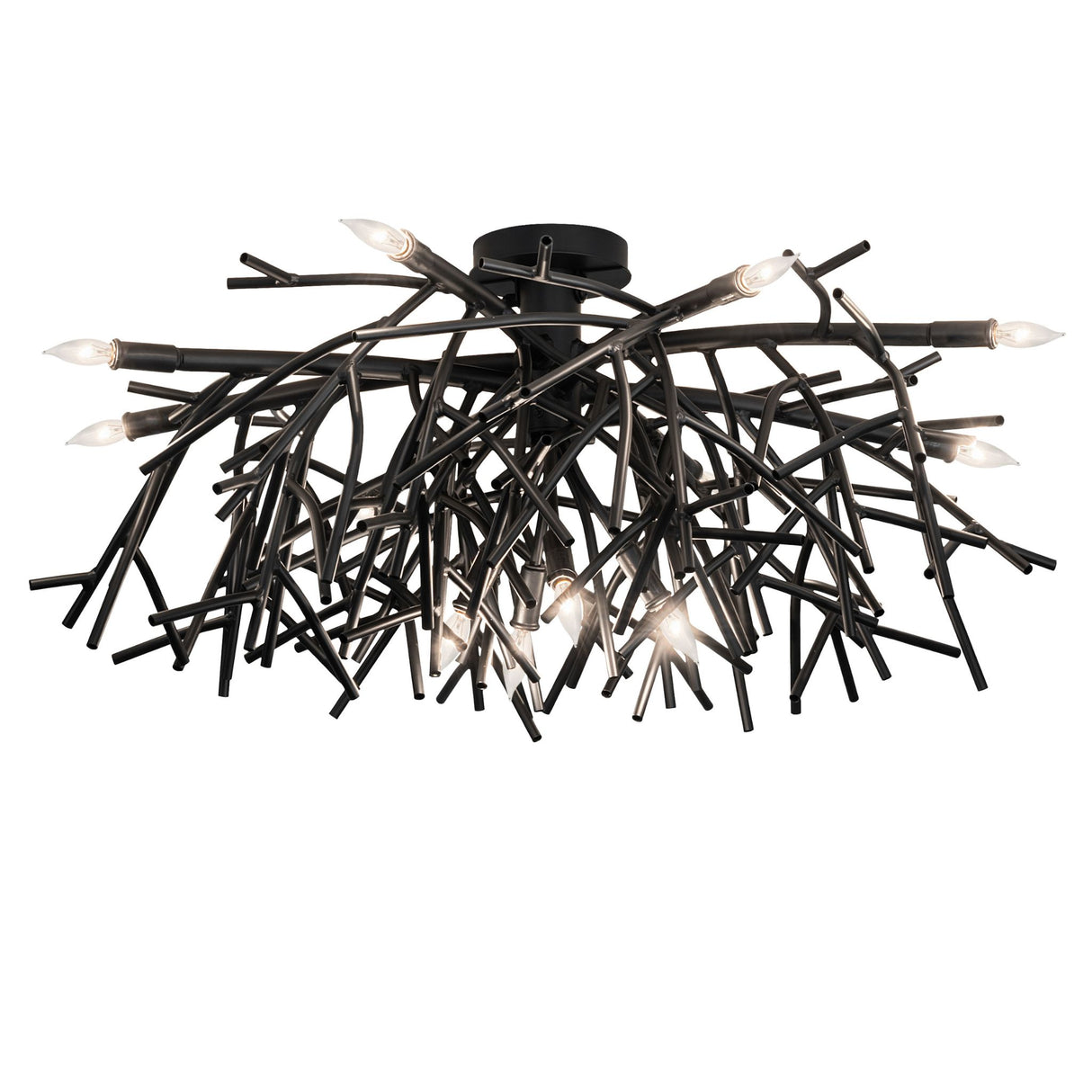 Lit view of Thicket chandelier showcasing branch-inspired black metal arms with glowing bulbs.