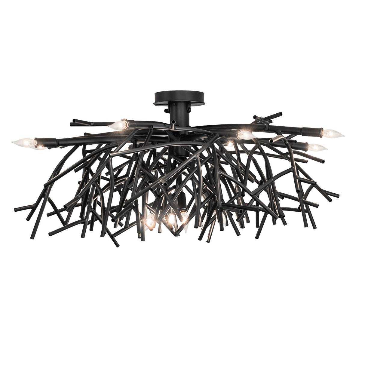 Side view of chandelier showing branch-style metal framework with exposed candle bulbs.
