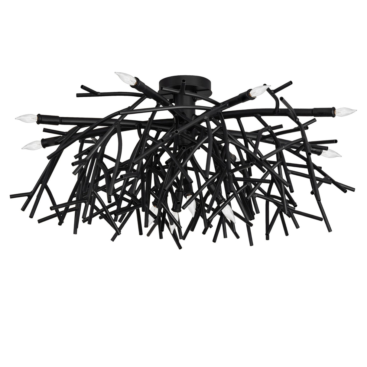Unlit view of Thicket chandelier highlighting sculptural black metal branches and modern form.