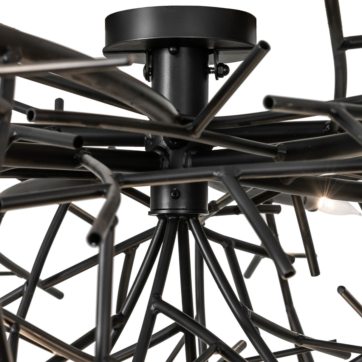 Close-up of ceiling canopy and mounting hardware in blackwash finish.