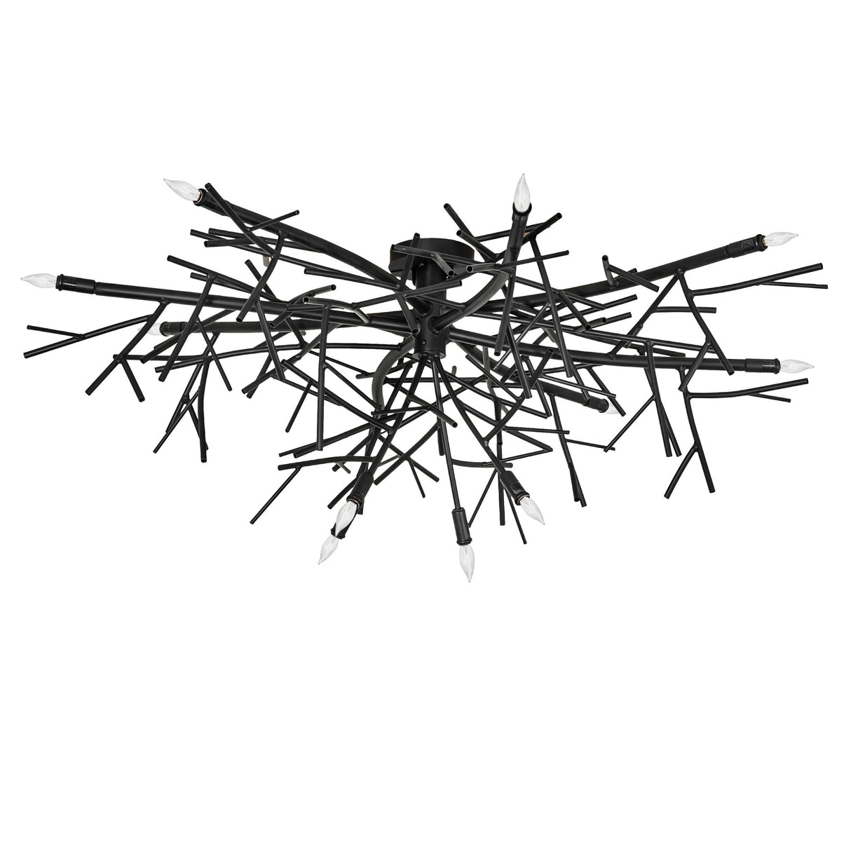 Unlit view of chandelier showcasing metal framework in blackwash finish.
