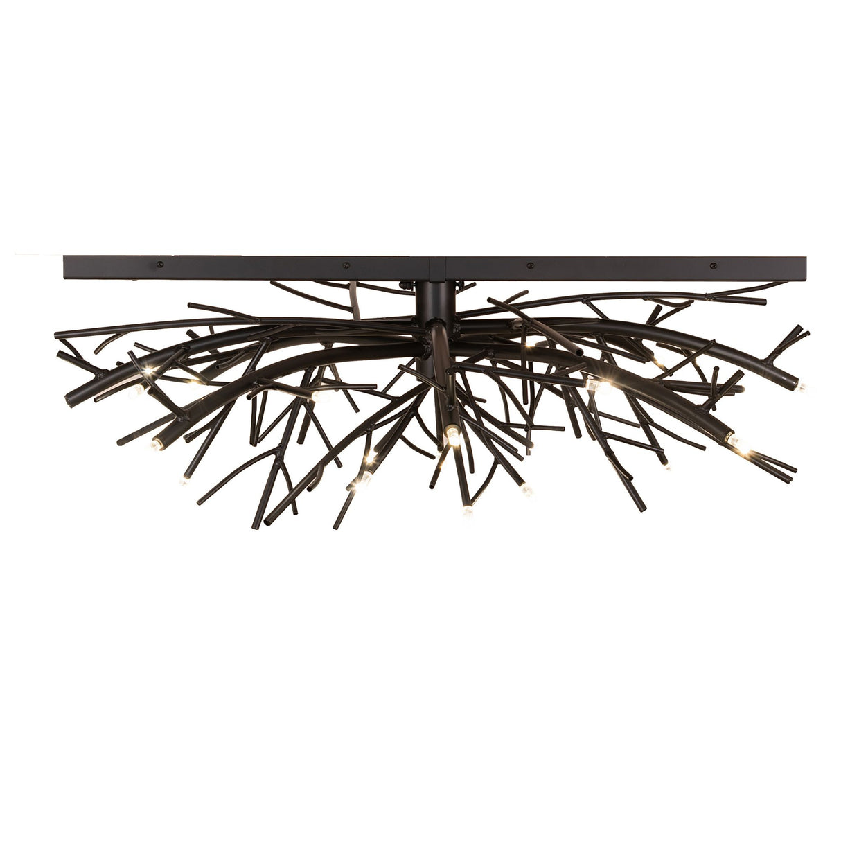 Front angle view of chandelier displaying layered branch design and evenly spaced lights.