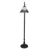 Centered view of Angelica bridge arm lamp with beaded trim.