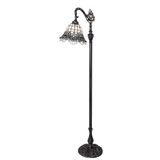 Tiffany-style Angelica bridge arm floor lamp illuminated.