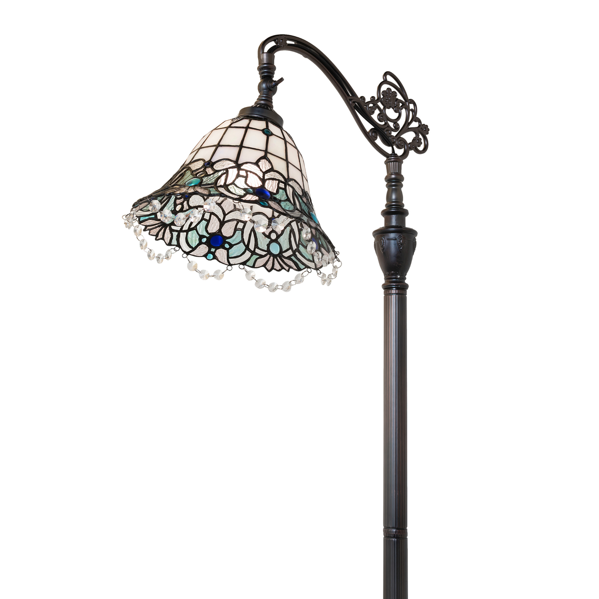 Angled side view showing ornate bridge arm and shade.