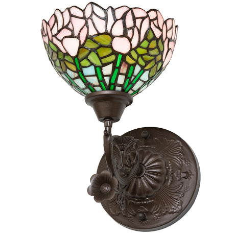 Front view of Tiffany Cabbage Rose Wall Sconce with floral details.