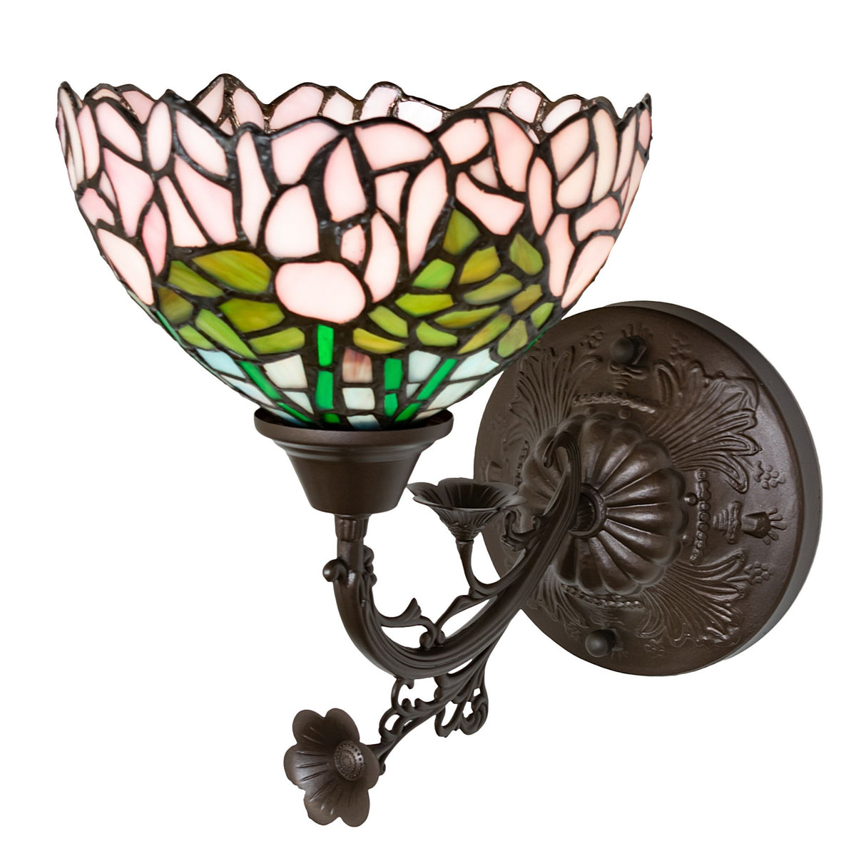 Full view of Tiffany wall sconce with intricate metal base and stained glass.