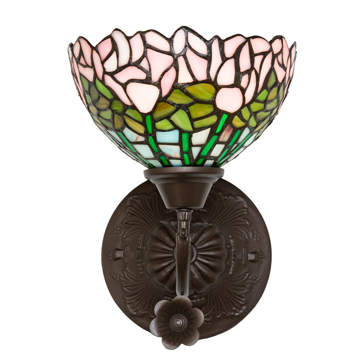 Decorative round metal base of Tiffany Cabbage Rose wall sconce.