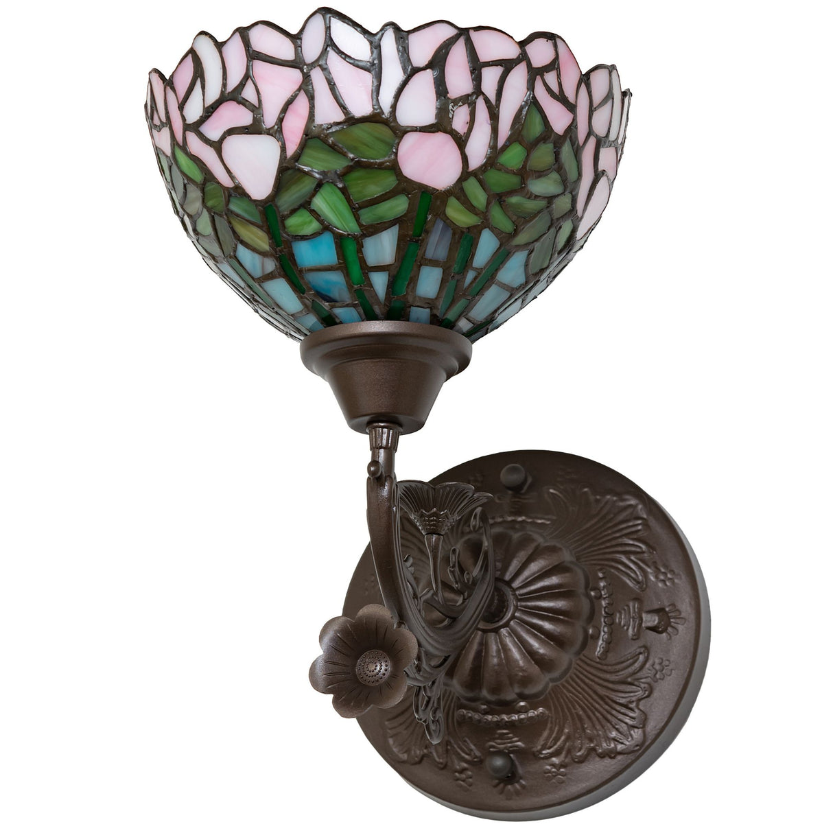 Side angle of Tiffany Cabbage Rose Wall Sconce showcasing floral glasswork.