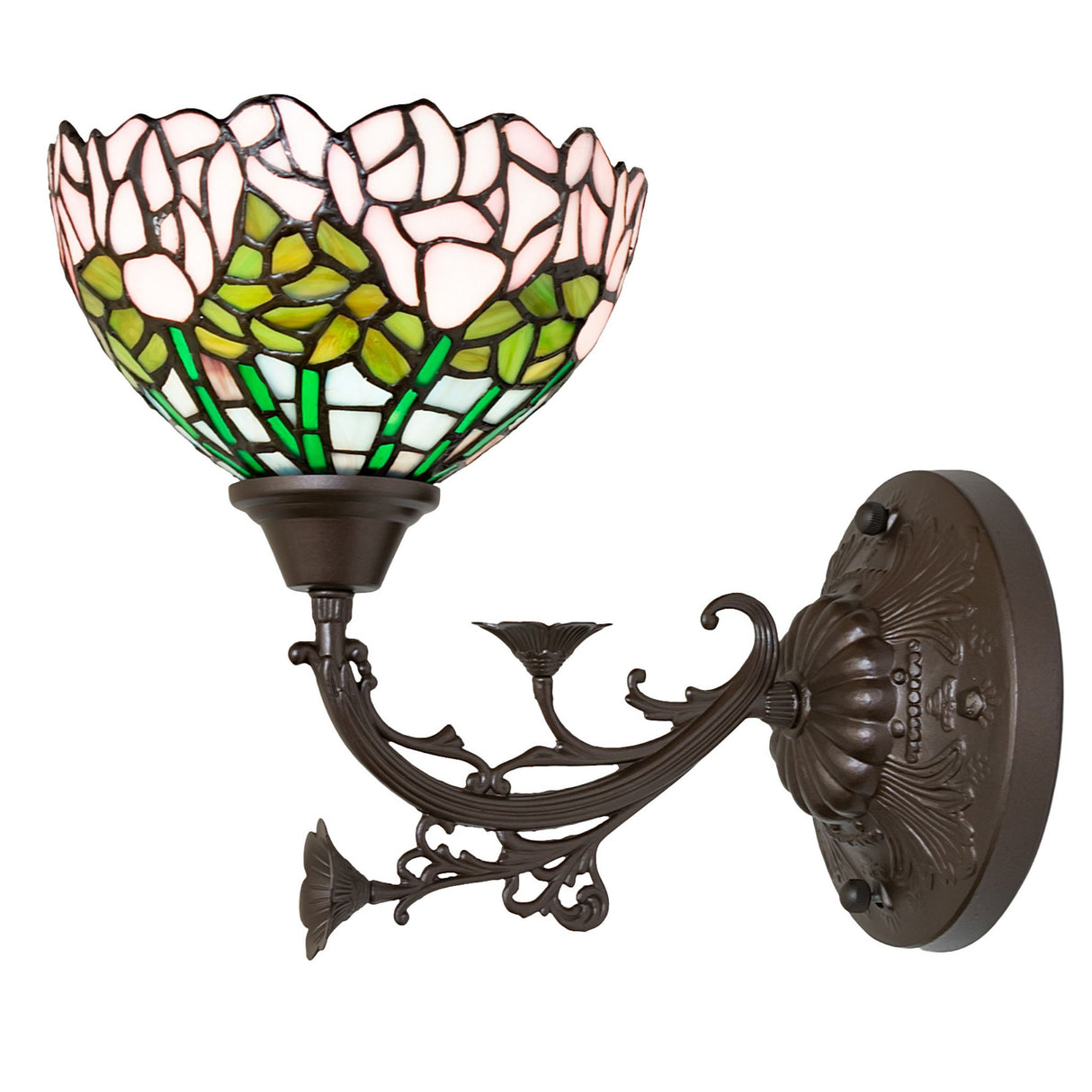Side view of Tiffany Cabbage Rose wall sconce with floral stained glass design.