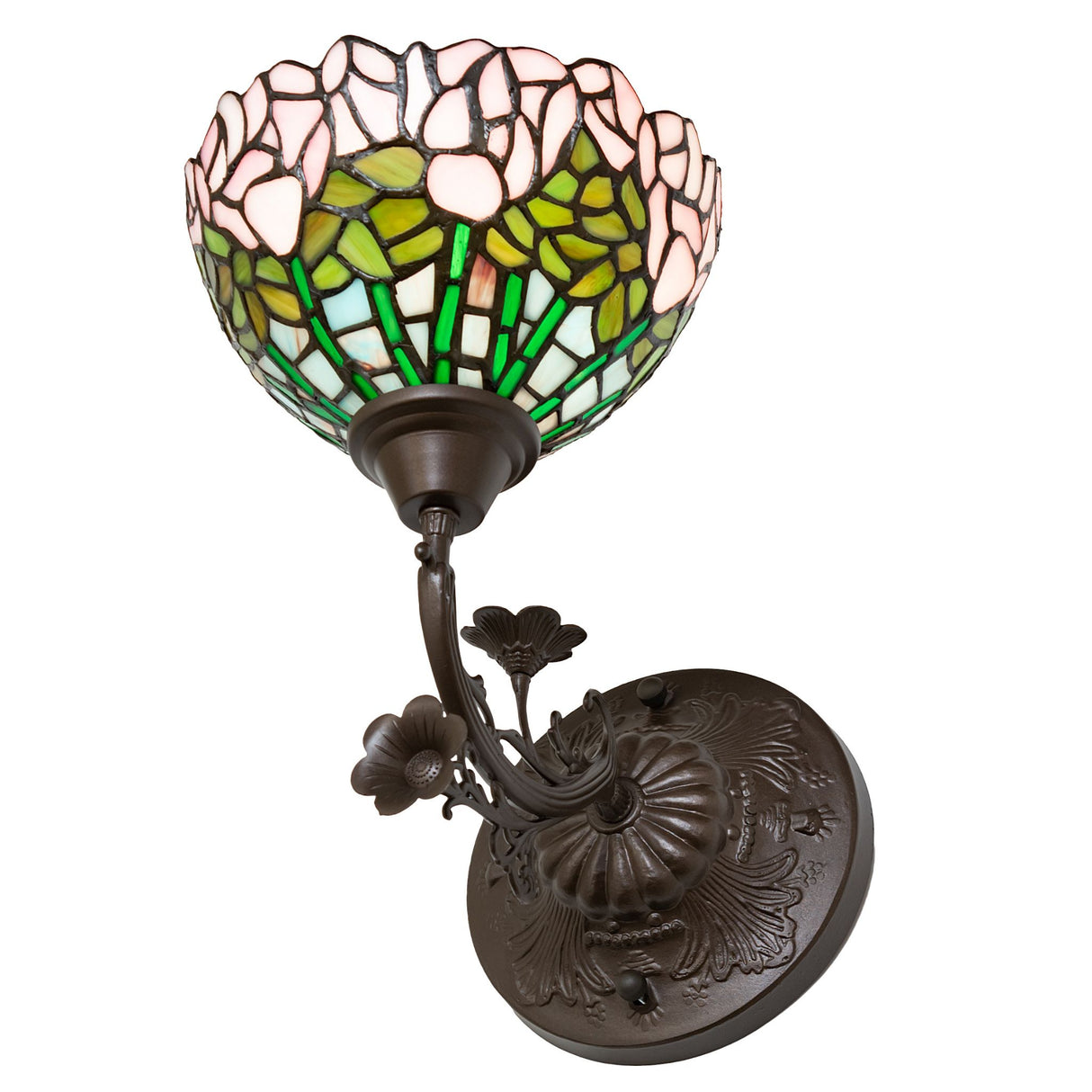 Upward view highlighting the intricate floral pattern of the wall sconce.