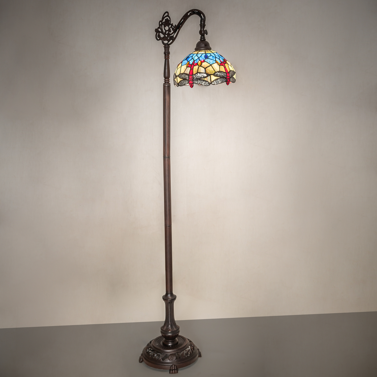 Tiffany dragonfly floor lamp ambient lit view.