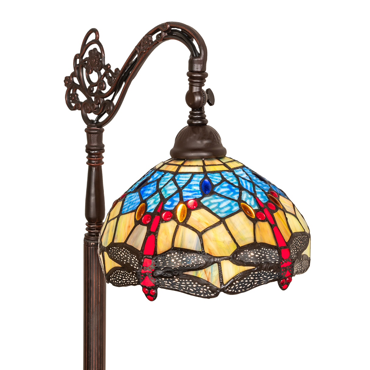 Tiffany dragonfly stained glass shade close-up lit.