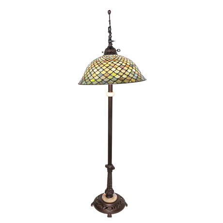 Front view of Tiffany-style Fishscale bridge arm floor lamp.