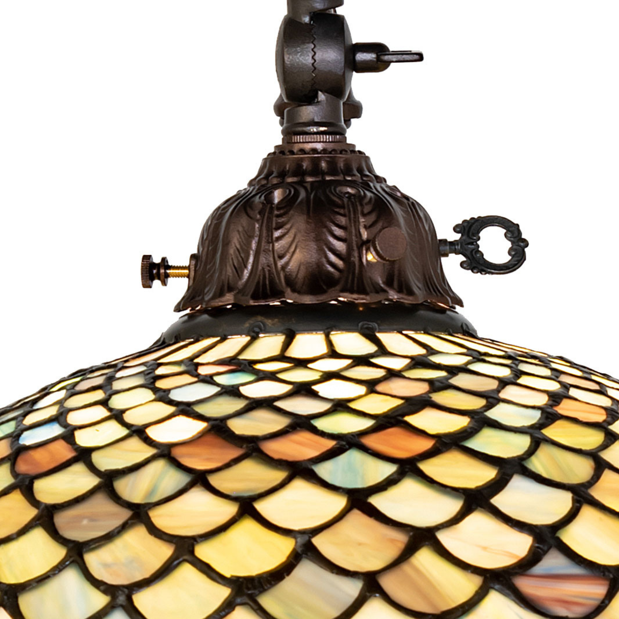 Close-up of Tiffany Fishscale stained glass shade pattern.