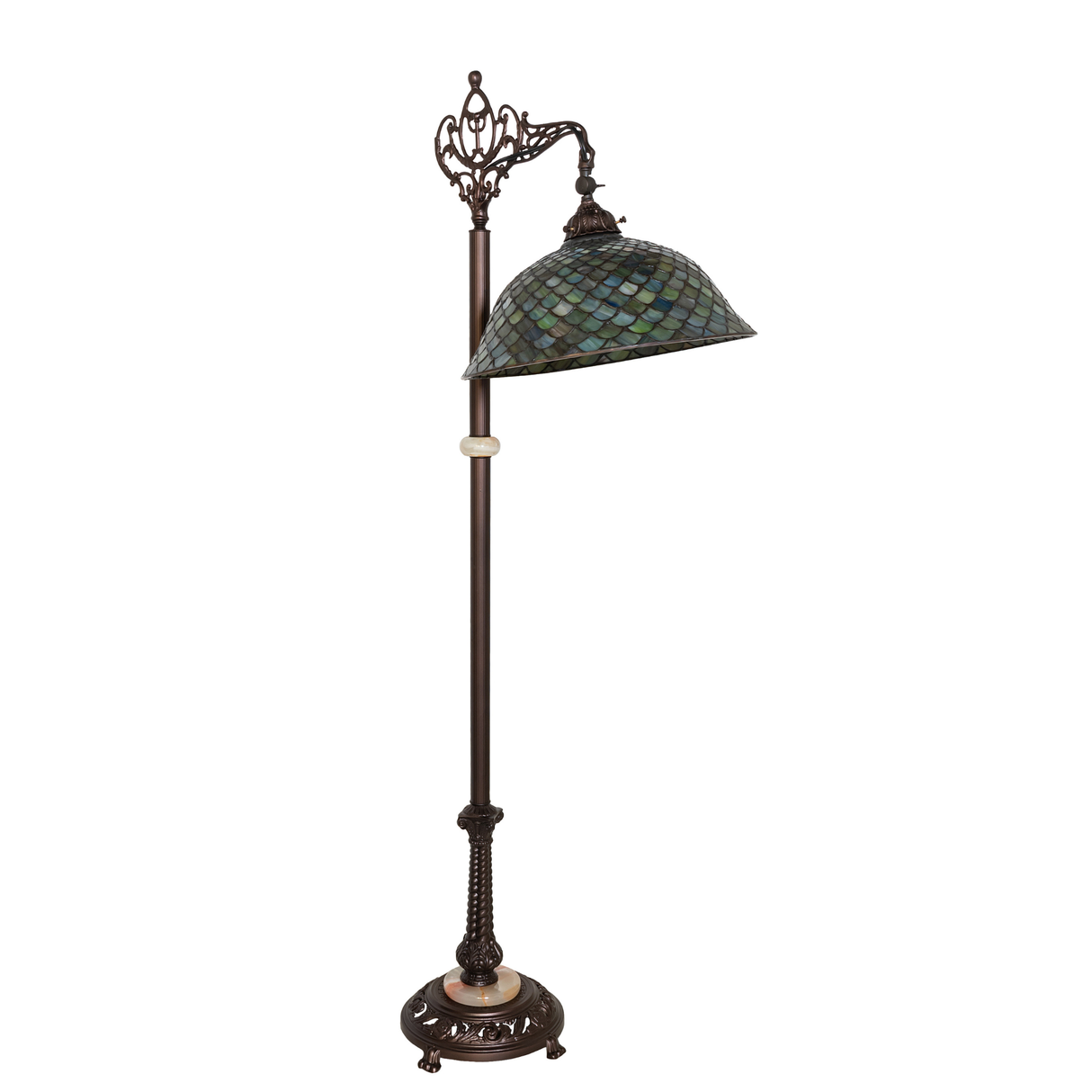 Tiffany-style Fishscale bridge arm lamp with stained glass shade.