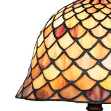 Close-up of the fishscale glass pattern in amber and burgundy on the Tiffany Mini Lamp.