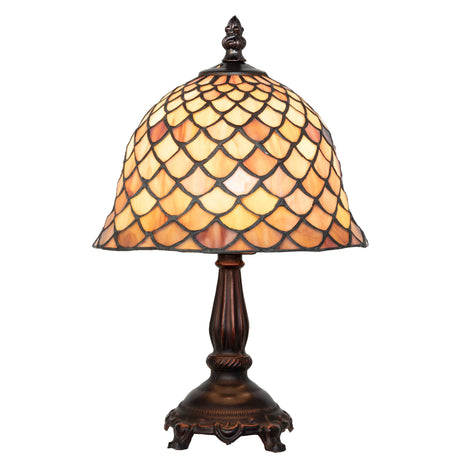 Front view of 12" High Tiffany Fishscale Mini Lamp showcasing its stained glass shade in amber and burgundy tones.