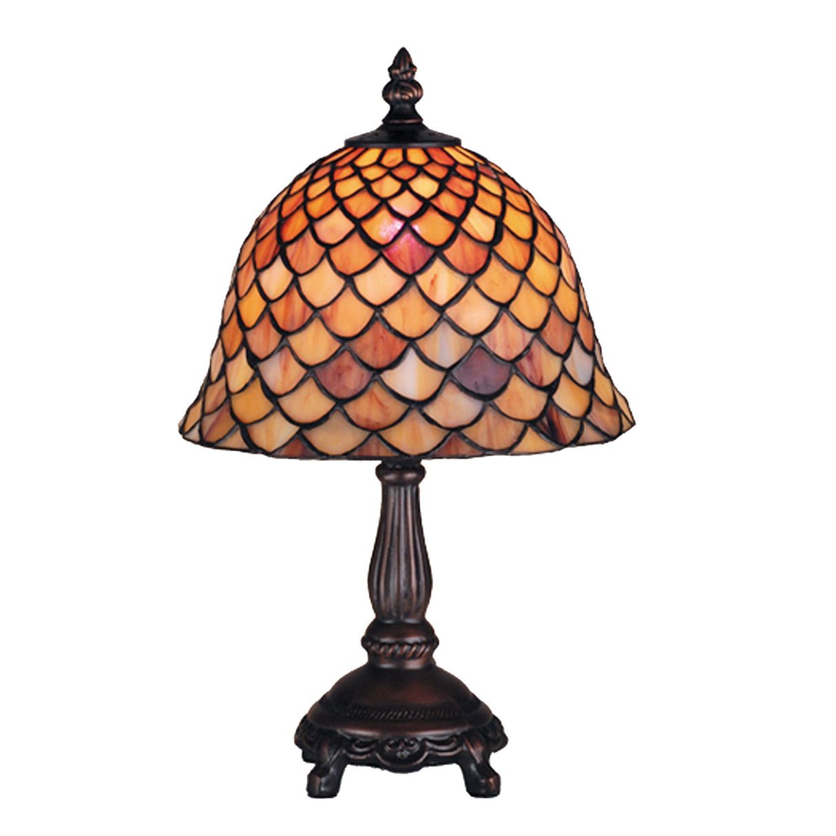 Side view of the 12" Tiffany Fishscale Mini Lamp emphasizing its bronze-finished base.