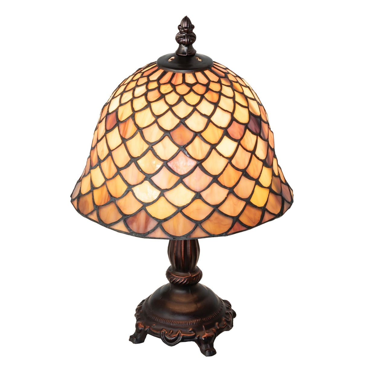 Top down view of tiffany fishscale mini lamp showcasing handcrafted stained glass.