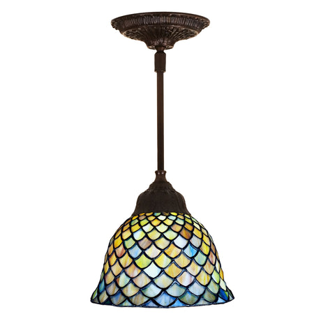 Fishscale Mini Pendant with a stained glass shade in honey, emerald, and sapphire tones.