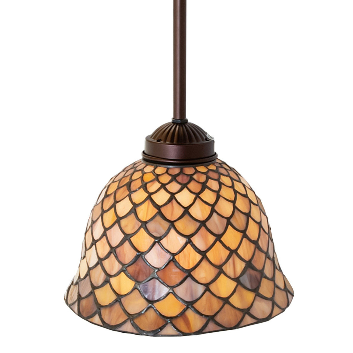 Angled view of Tiffany Fishscale Pendant showcasing glass details.