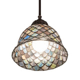 Illuminated Tiffany Fishscale Mini Pendant showcasing colorful fishscale pattern from the bottom view.