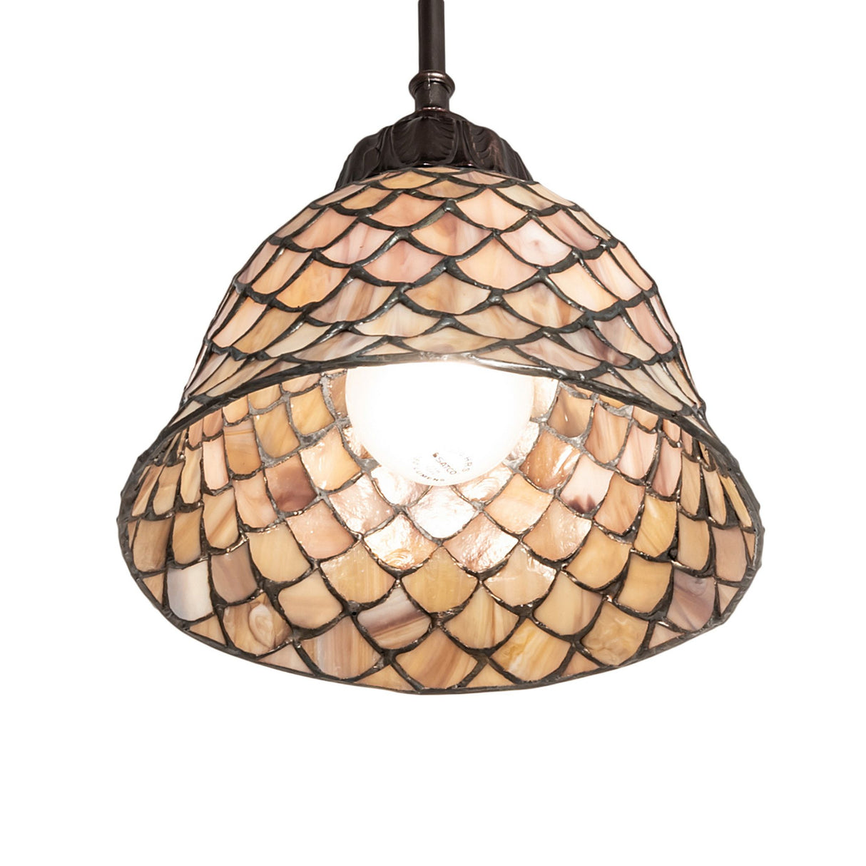Close-up of the stained glass shade of Tiffany Fishscale Mini Pendant.