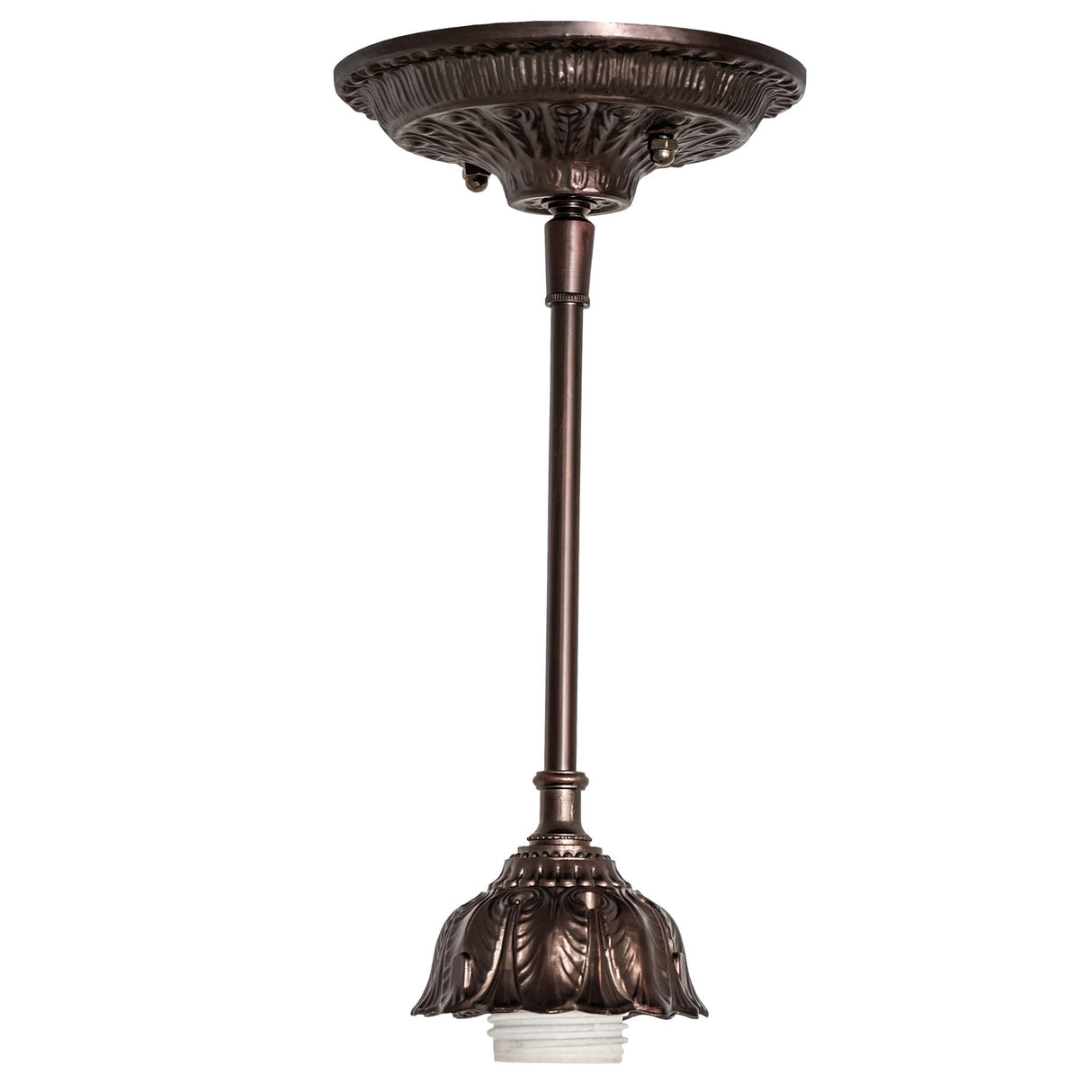 Detailed view of ornate Mahogany Bronze hardware on Tiffany Fishscale pendant.