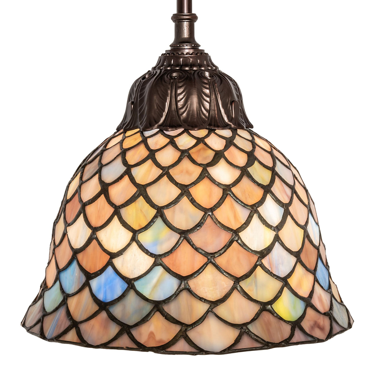 Close-up of the Tiffany Fishscale pendant highlighting intricate side details.