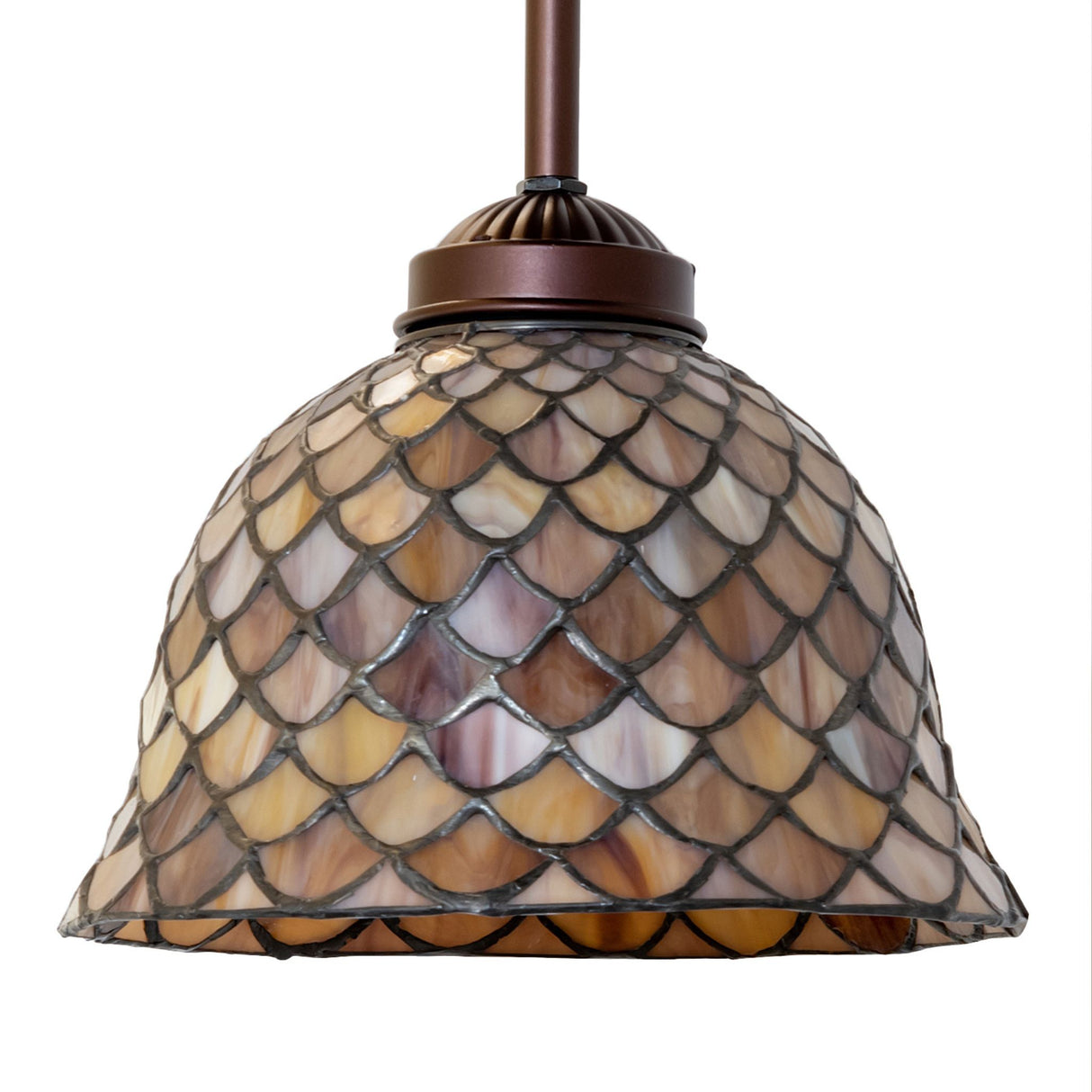 Zoomed-in look at the textured stained glass of the pendant.